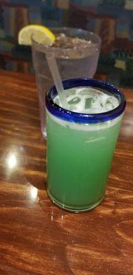 Blue Hawaiian. Grey Goose, Blue Curacao, pineapple, triple sex.  Ooops sec