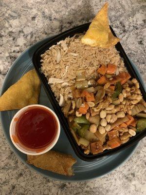 Kung pao chicken combination (fried rice + egg roll) and an order of crab rangoon.