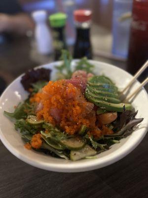 Sashimi salad. Fish was cut poke style.