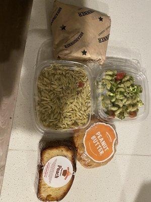 Balsamic Basil Orzo Salad, Pesto Pasta, peanut butter cookie, peach loaf slice (and tilapia wrap still in paper)