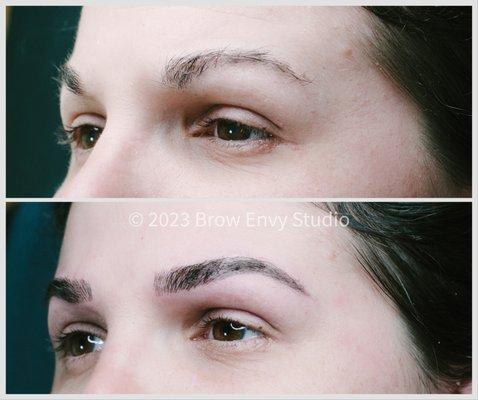 Microbladed and powder brows to give fullness and fix brow shape where hair was lacking.