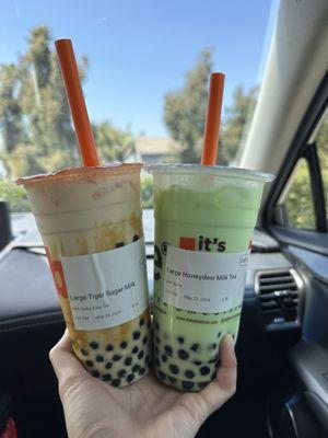 Tiger Sugar Milk with boba & Honeydew Milk Tea with boba