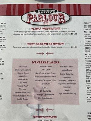 Ice cream menu