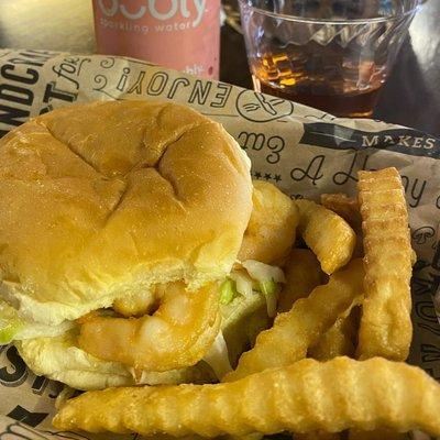 Shrimp burger and fries