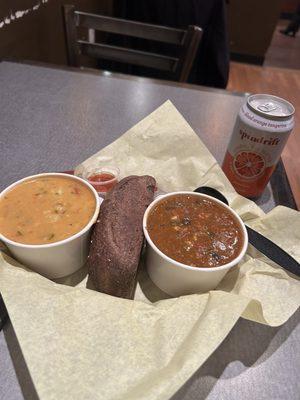 Potato chickpea curry soup and chorizo black bean soup. Delicious.