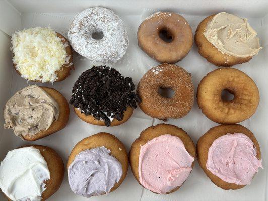 dozen - lemon coconut, powdered, glazed, maple, maple bacon, oreo, cinnamon sugar, plain, vanilla, blueberry, strawberry, raspberry