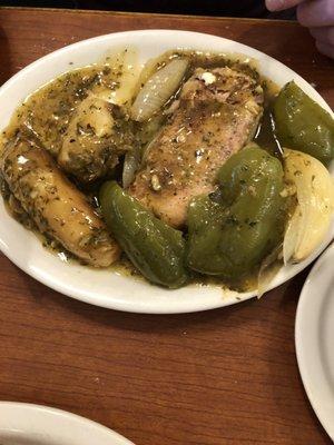 Italian Pork Chops (pork roast) with peppers and onions & Greek seasoned Potatoes. Huge portions!