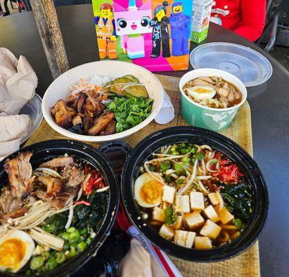 Pork belly rice, Kids chicken ramen, Pork belly ramen and tofu ramen. Very salty and not very good.