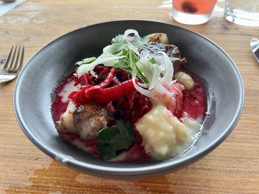 Mangalitsa port chop, beet kimchi, sheep cheese dumplings