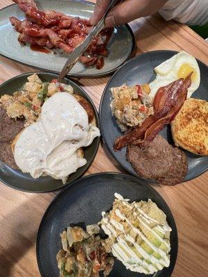 Bottom: Green Chili Enchilada  Middle right: Texas 2x4  Middle left: Biscuit Gravy Top: Appetizer- Twisted Bacon