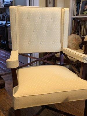 Fabulous job reupholstering 2 antique horsehair chairs-meticulous attention to detail.