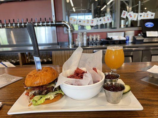 Burger with sweet and salty beet fries