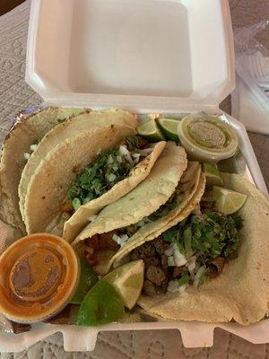 2 tacos al pastor, 1 taco carne Asada, 1 taco carnitas