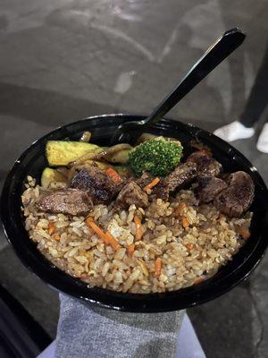 Filet Mignon, fried rice and veggies