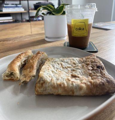 Beef Gözleme, Leek and Cheese Börek, and an iced coffee.