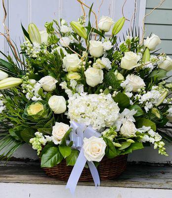 White Roses & Lily Funeral Sympathy Basket