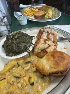 Plate 1: Salmon croquettes, greens, squash casserole  Plate 2: Fried fish, Mac n Cheese, Broccoli and cheese