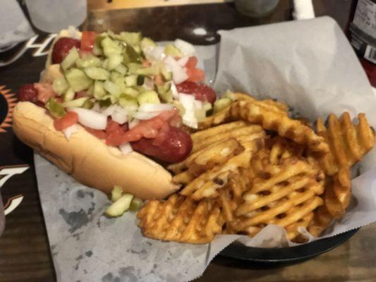 2 American Dogs loaded with toppings and waffle fries