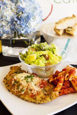 Parmesan Chicken, Pasta Marinara, Caesar Salad & Garlic Bread