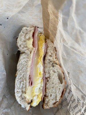 Ham egg and cheese on an everything bagel