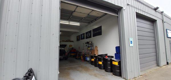 Garage door leading into shop.