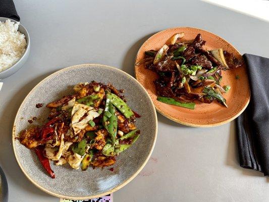 Chengdu chili chicken and scallion hugging beef