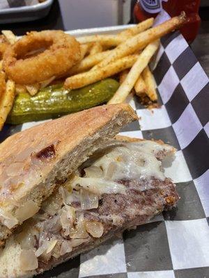 Build your own patty melt. Single burger, Swiss cheese, grilled onions on rye bread.