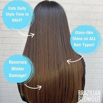 Brazilian Blowout gives you months of smooth hair with no effort! Book today 818-399-8426