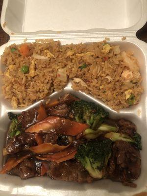 Tasty broccoli beef and bland combination fried rice.