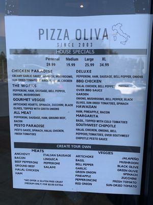 Pizza menu