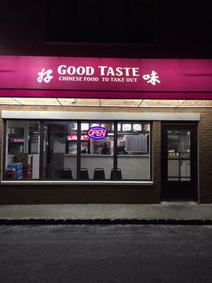 Store front of Good Taste Chinese food at night