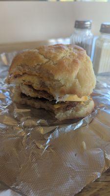 Couldn't wait to take a big bite out of this cathead biscuit.sausage, double cheese, double egg. It's a meal in itself.