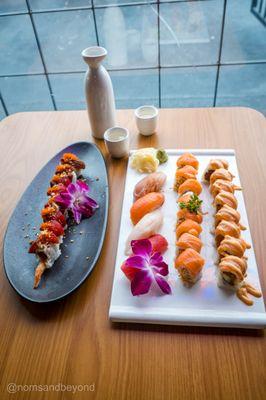 Hot Sake, Tataki Roll, Nigiri, Angel Roll, and SOB Roll