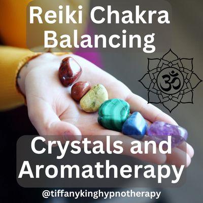 Experience deep relaxation and energy alignment through Reiki Chakra Balancing with crystals and aromatherapy.