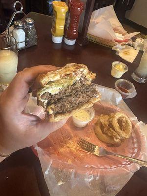 Green Chili Burger with onion rings -- So good