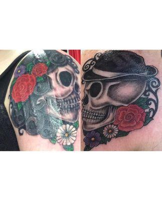 The female skull is done by Jenna on myself and the male skull is done by Tony on my boyfriend.