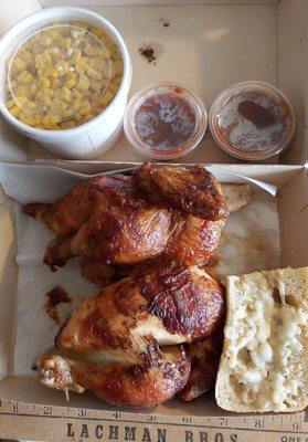 Whole chicken,  garlic bread,  spicy and cheesy corn