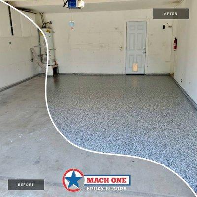 Before and after epoxy garage floor installed by MACH ONE Epoxy Floors of Fresno.