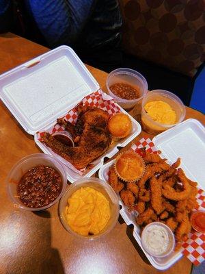 Baked Chicken, Fried Catfish (strips), Mac & Cheese, Baked Beans!! (Cornbread & Tarter sauce)