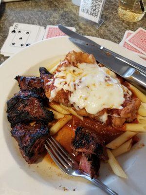 Half steak tips and half chicken patm