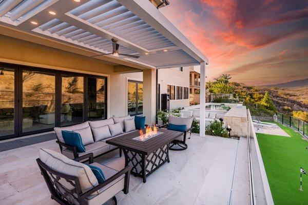 Contemporary Covered Patio w/ Fire Pit