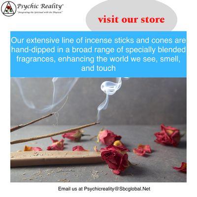 Our extensive line of incense sticks and cones are hand-dipped in a broad range of specially blended fragrances.