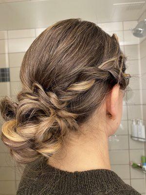 Side of updo with face frame curls pinned until start of event