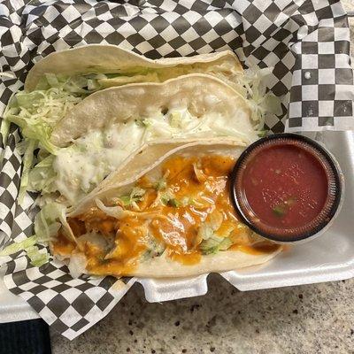 White Trash, Carne Asada, and Shredded Chicken Tacos. Very good!