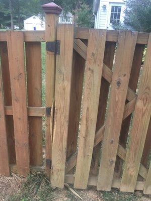 Fence door detached from hinges.