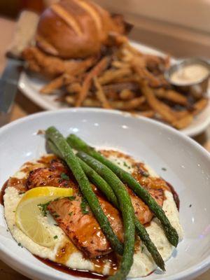 Miso Salmon over grits with grilled asparagus