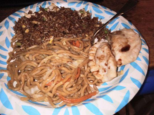 Egg fried rice, veggie Lo Mein, and fried dumplings.