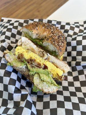 My bacon, egg, cheese and avocado on an everything bagel was amazing!