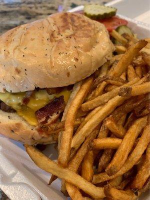 Today's bacon cheeseburger to go.