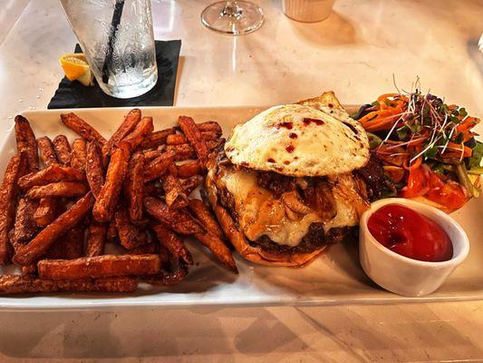 Lamb Burger with sweet potato fries and salad